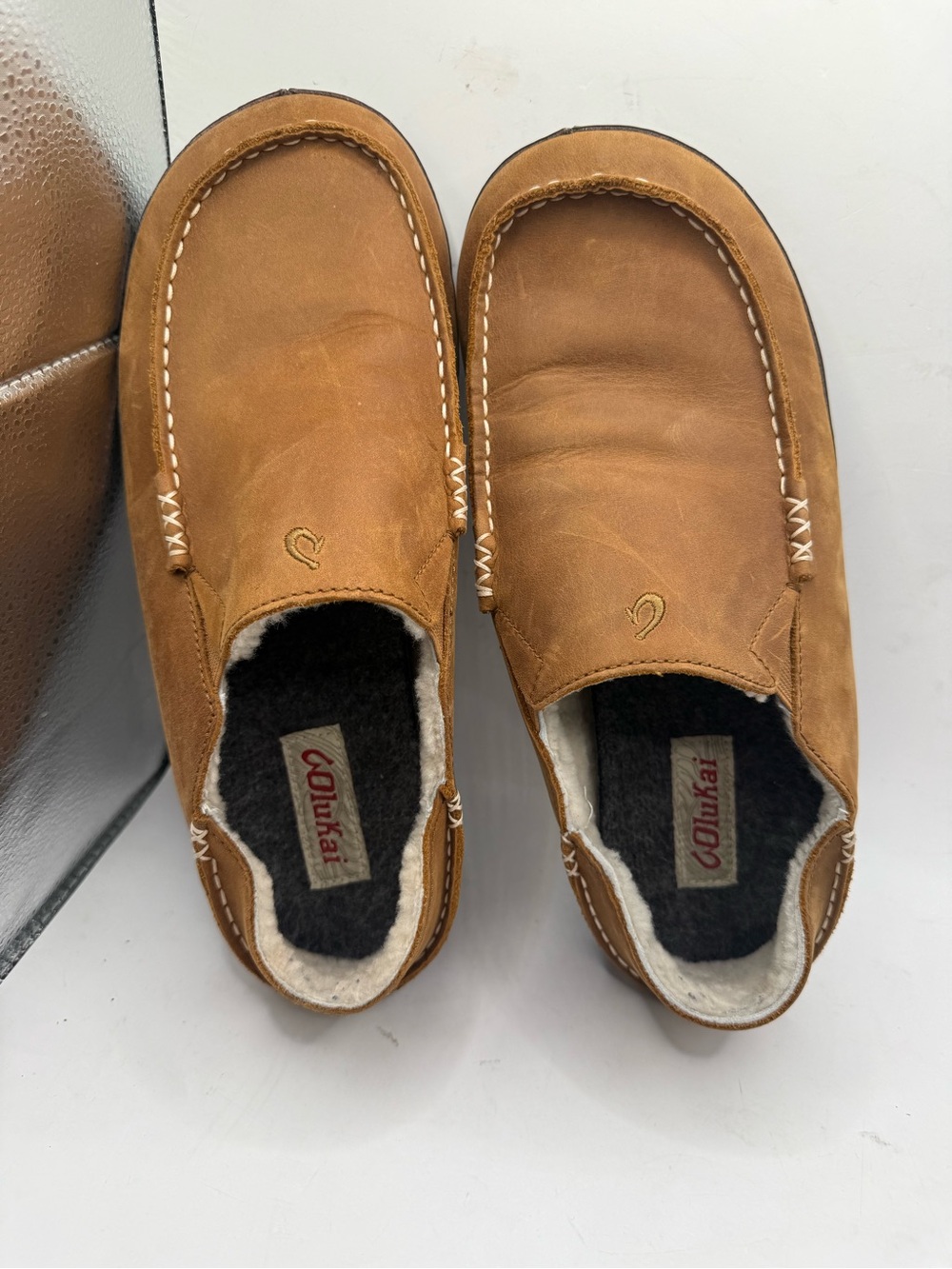 OluKai Men's Slip-On Moccasin in Chestnut Brown with Cream Trim